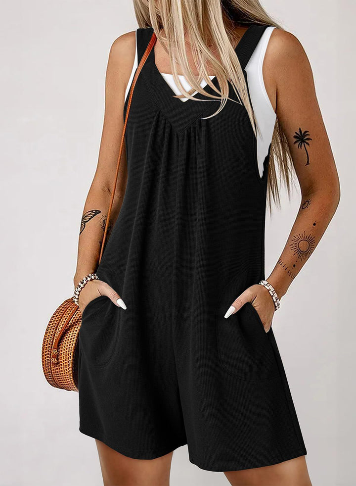 Damen Ärmelloser Waffel-Shorts-Overall mit V‑Ausschnitt und Eingrifftaschen Drune