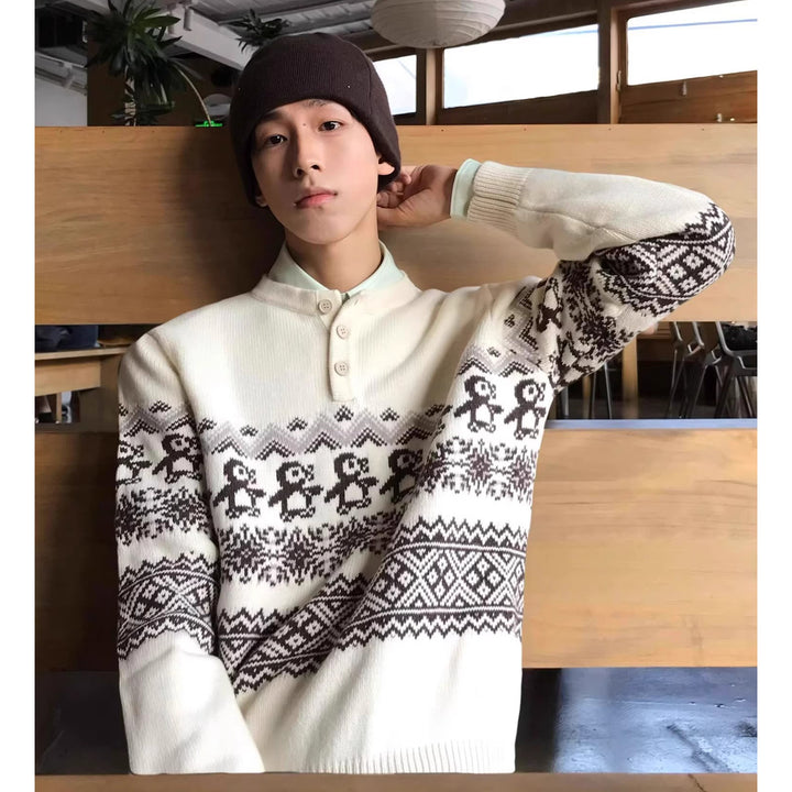 Herren Grobstrickpullover mit Knopfleiste und modernem Muster Drune