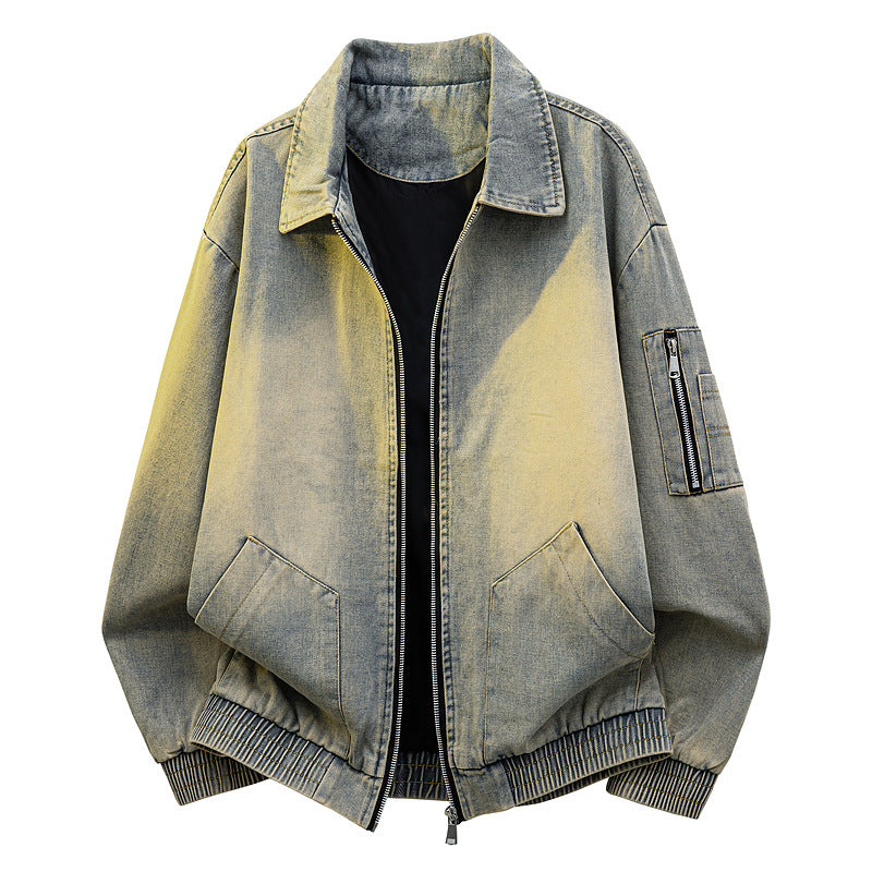 Herren Oversize Jeans‑Bomberjacke mit Used‑Waschung und Reißverschluss‑Ärmeltasche Drune