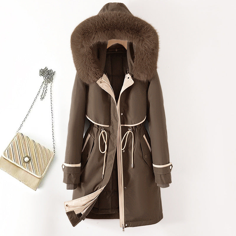 Damen nan langer Parka mit Kunstfellkapuze Taillenzug und kontrastierten Paspeln Drune