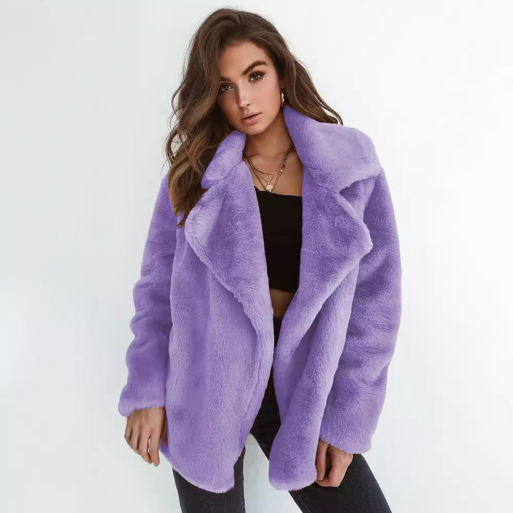 Damen Kuscheliger Oversized Kunstpelz-Mantel mit großem Reverskragen Drune