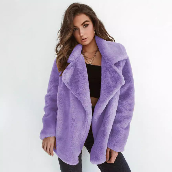 Damen Kuscheliger Oversized Kunstpelz-Mantel mit großem Reverskragen Drune