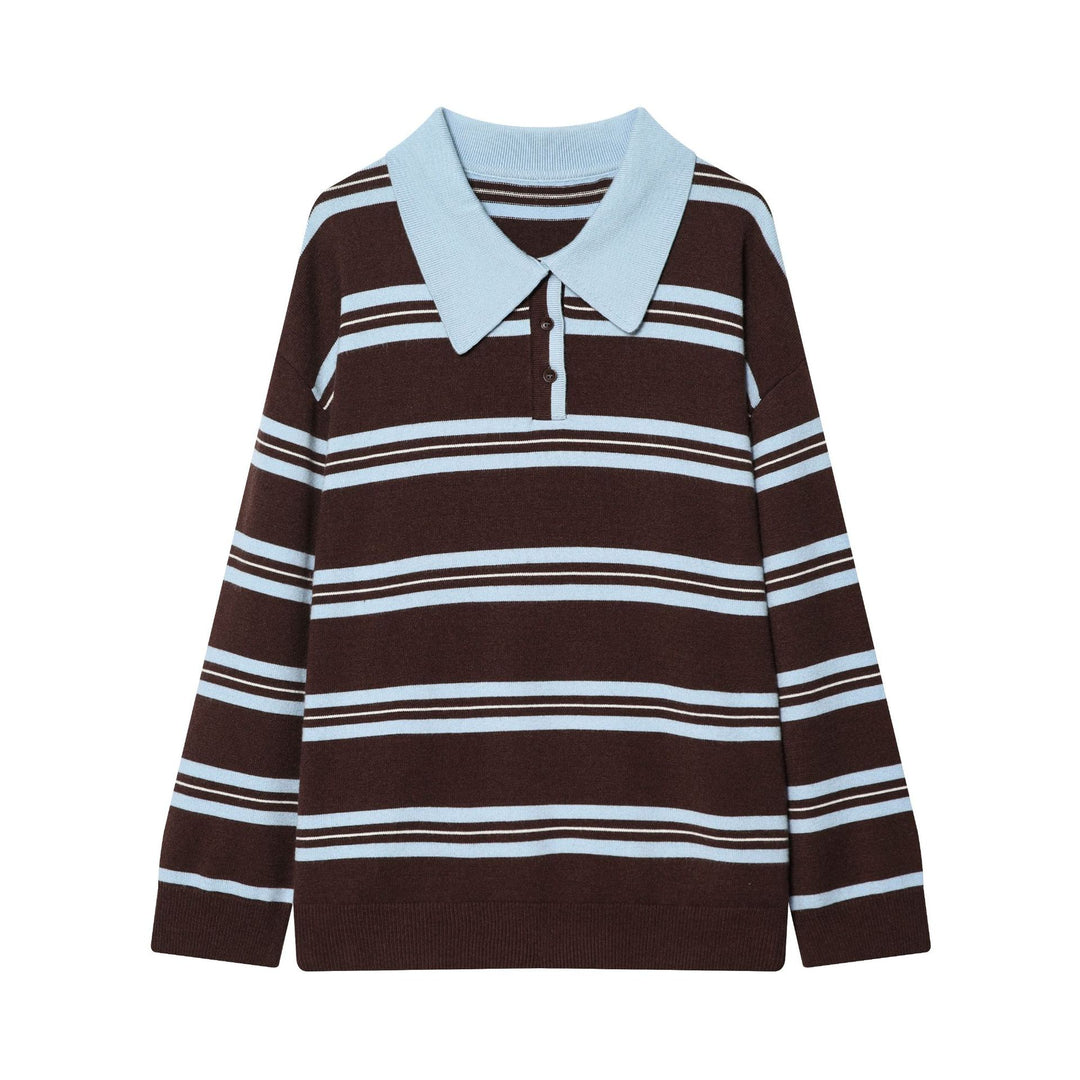 Damen nan gestreifter Feinstrick-Polopullover mit Knopfleiste, Rippbündchen und leichter Wollmischung Drune