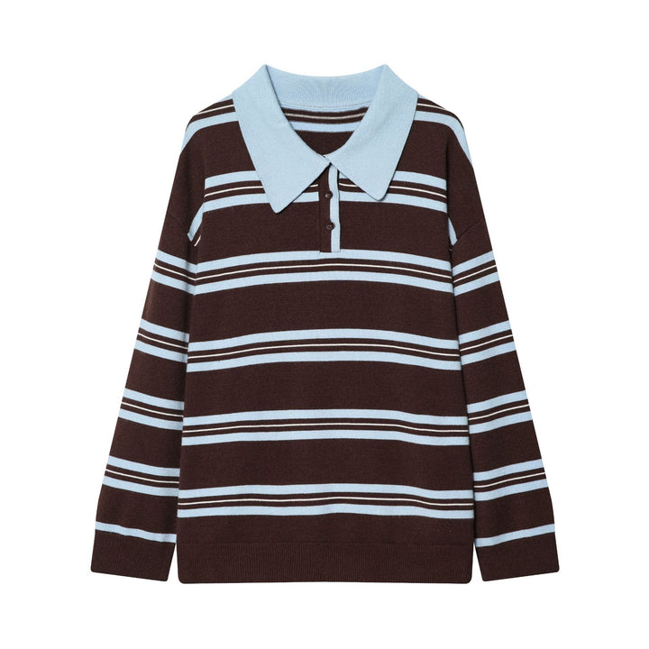 Damen nan gestreifter Feinstrick-Polopullover mit Knopfleiste, Rippbündchen und leichter Wollmischung Drune