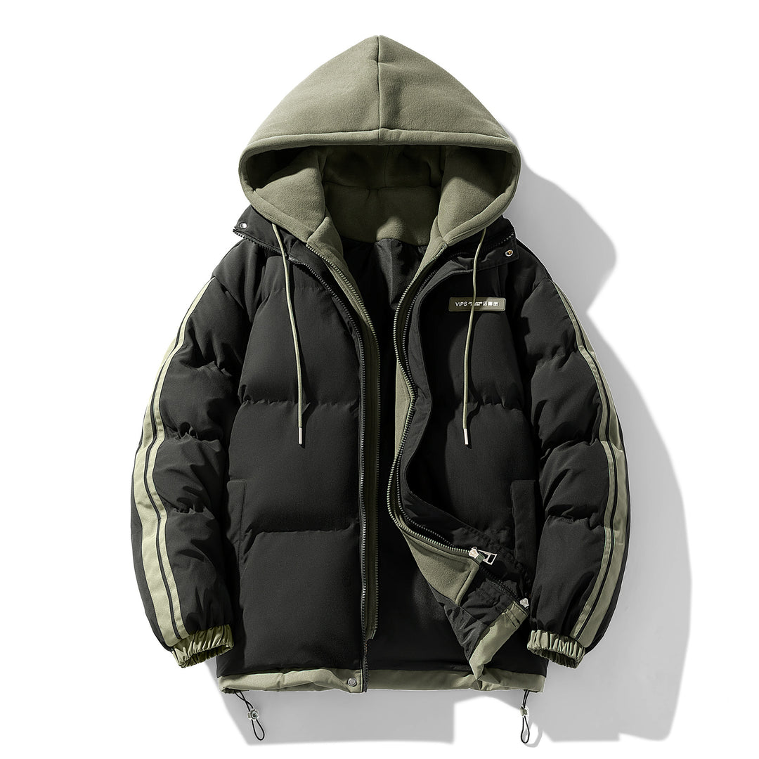 Herren wattierter Parka-Hybrid mit innenliegendem Hoodie, seitlichen Streifen und Zwei-Wege-Reißverschluss Drune
