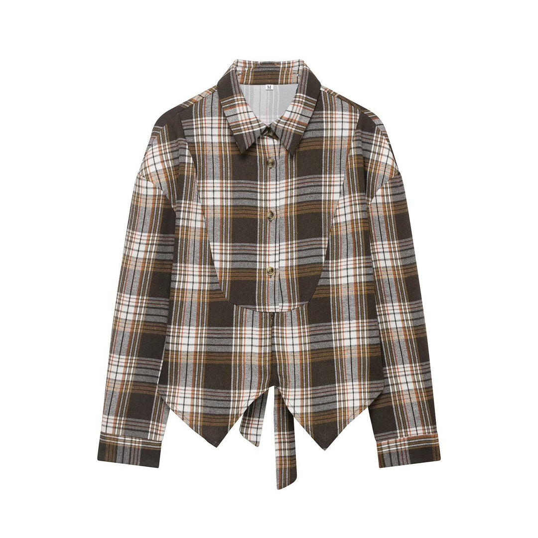 Damen Karo-Bluse mit Puffärmeln und taillierendem Bindegürtel Drune