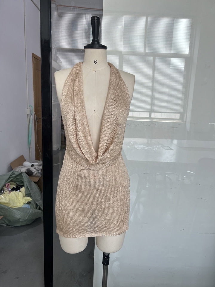 Damen Glamouröses Pailletten-Minikleid mit tiefem V-Ausschnitt und lockerer Passform Drune