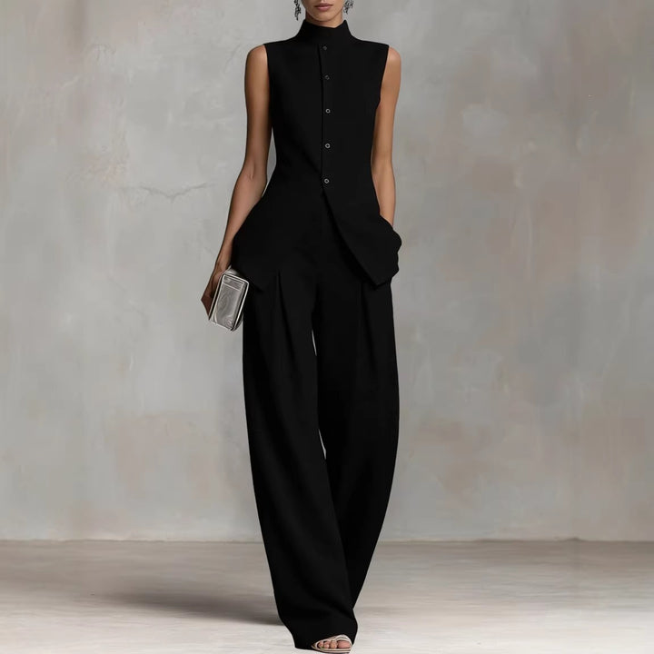 Damen Eleganter Jumpsuit mit hochgeschlossenem Kragen und weitem Bein Drune