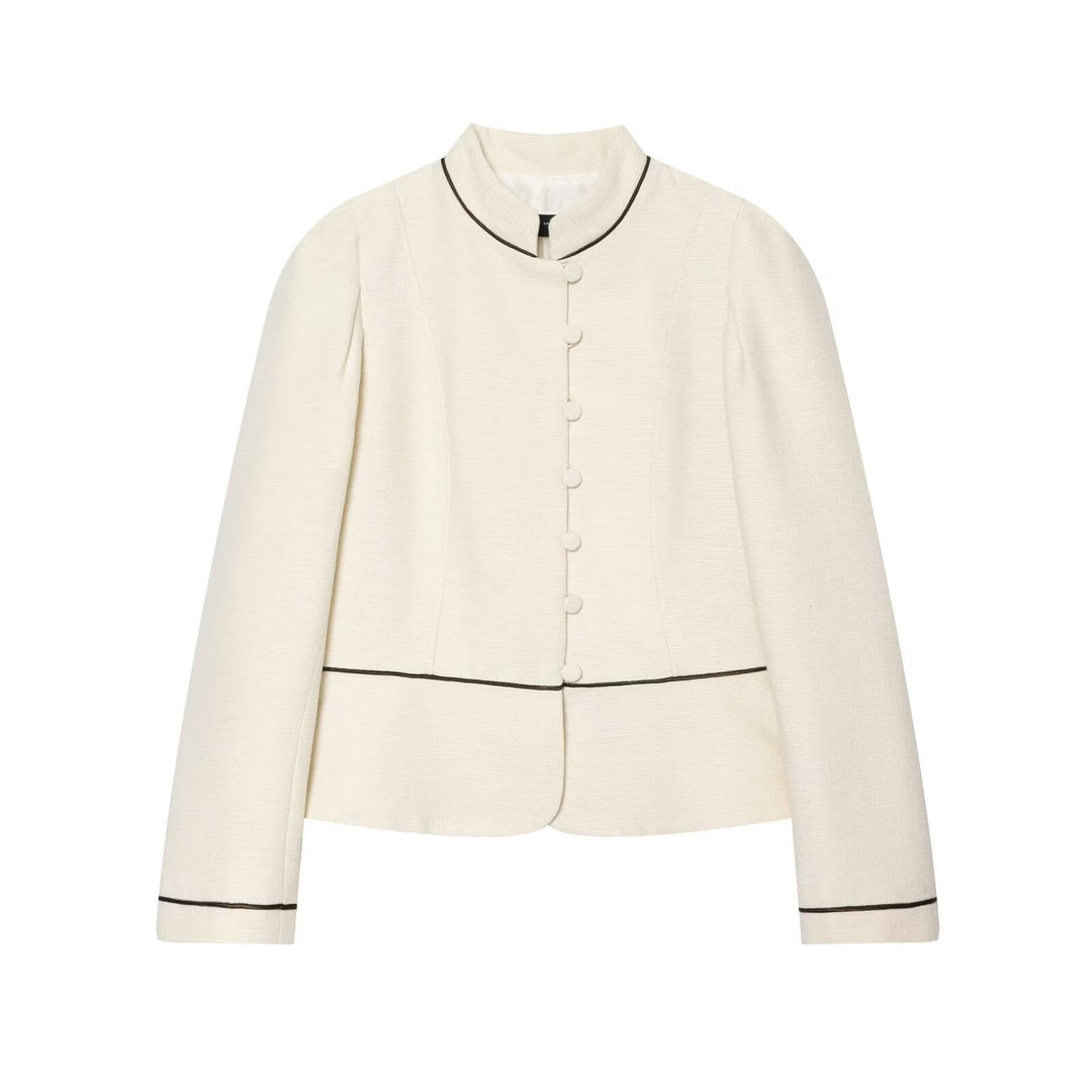 Damen Kurzblazer im Bouclé‑Look mit Stehkragen, dekorativen Knöpfen und Kontrastpaspel Drune