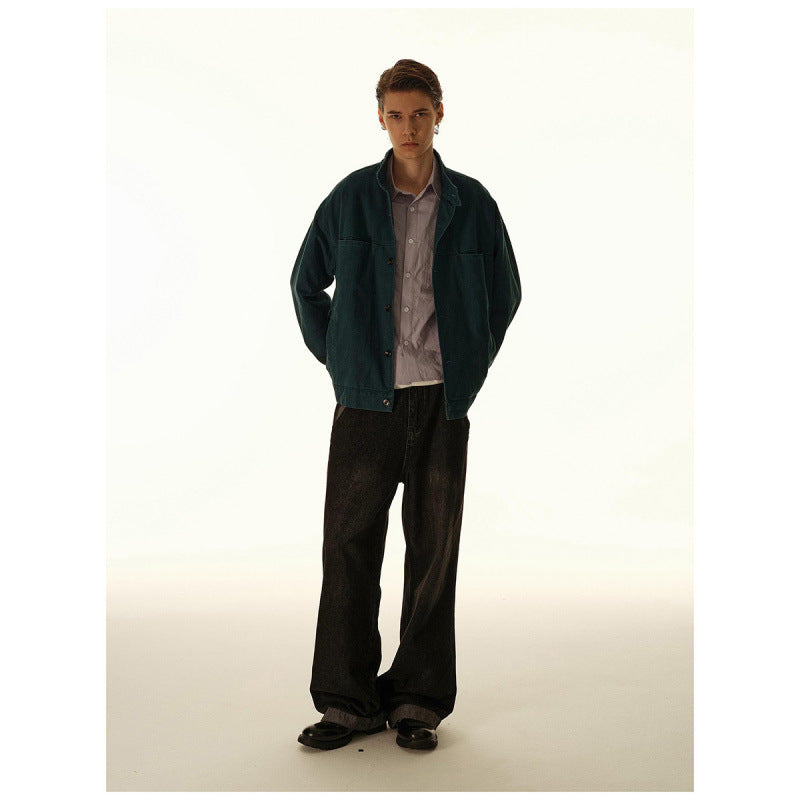 Herren Lockeres Canvas-Overshirt mit Stehkragen, aufgesetzten Eingrifftaschen und markanten Nahtdetails Drune