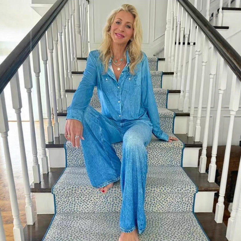 Damen Entspanntes Denim Loungewear-Set mit Übergröße Hemd und Weiten Schlaghosen Drune