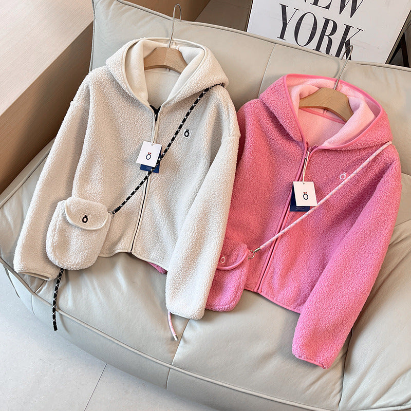 Damen kuschelige Fleecejacke mit Kapuze und praktischer Umhängetasche Drune