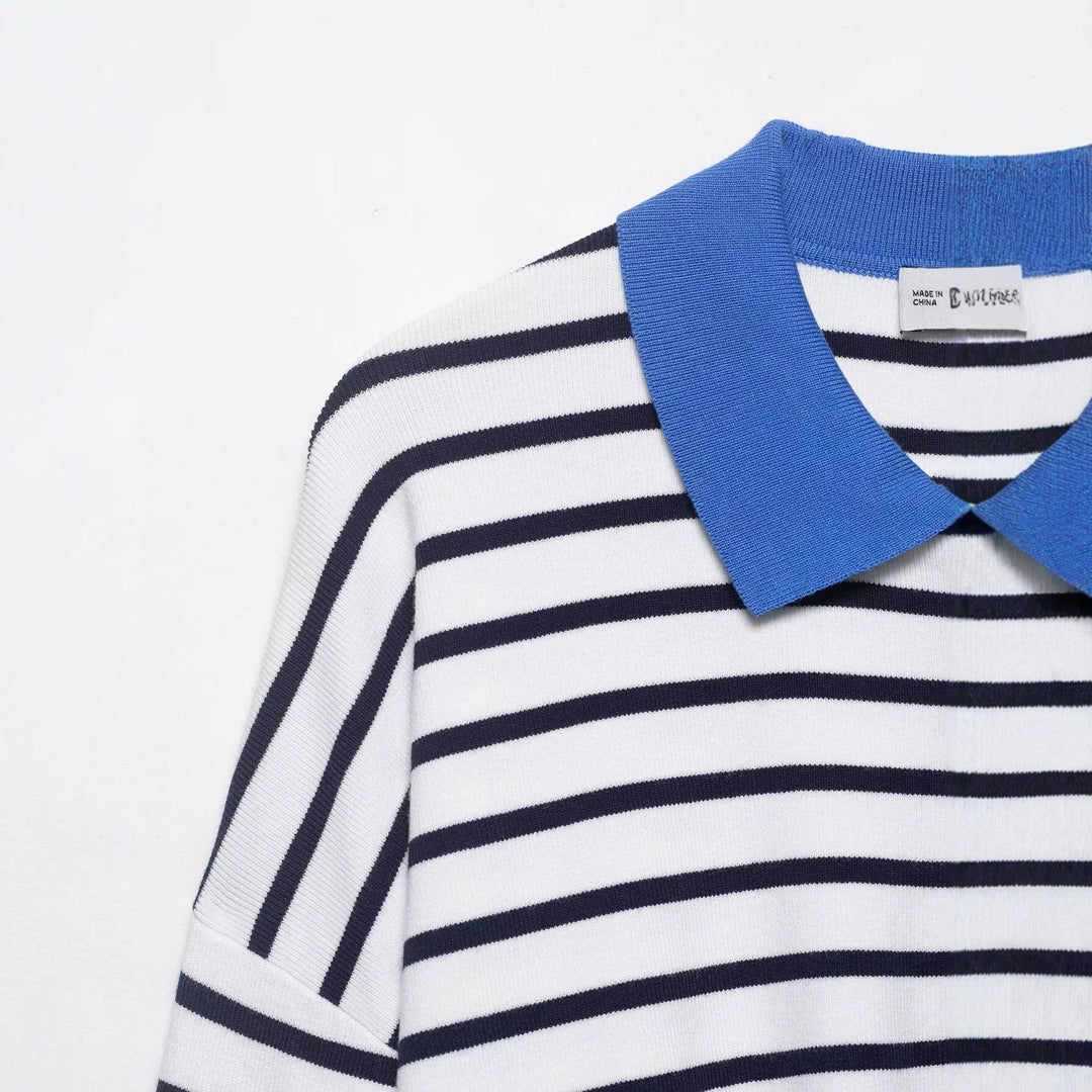 Damen Gestreifter Polokragen-Pullover mit Reißverschluss Drune