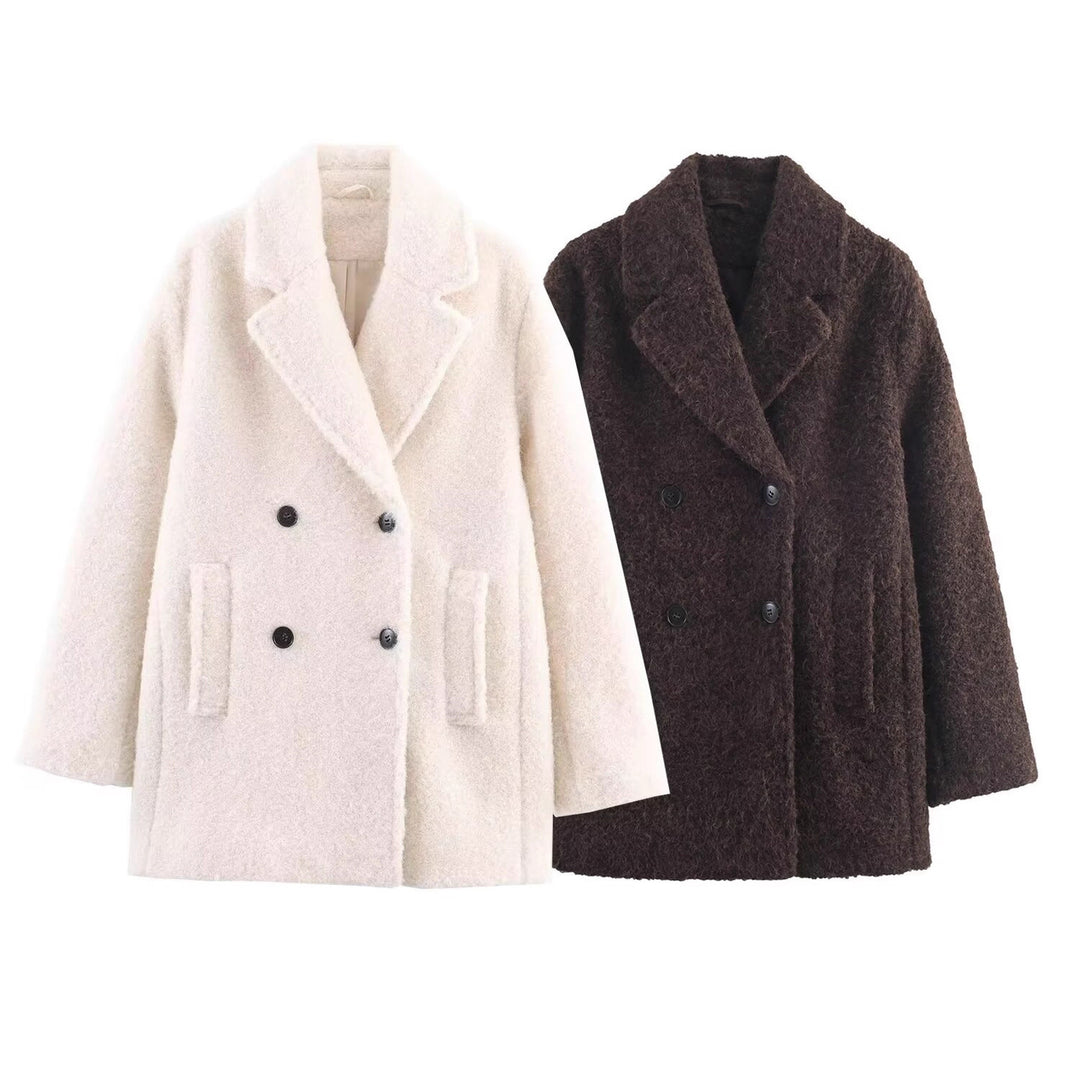 Damen Doppelreihiger Teddy-Mantel mit Schalkragen und aufgesetzten Taschen Drune