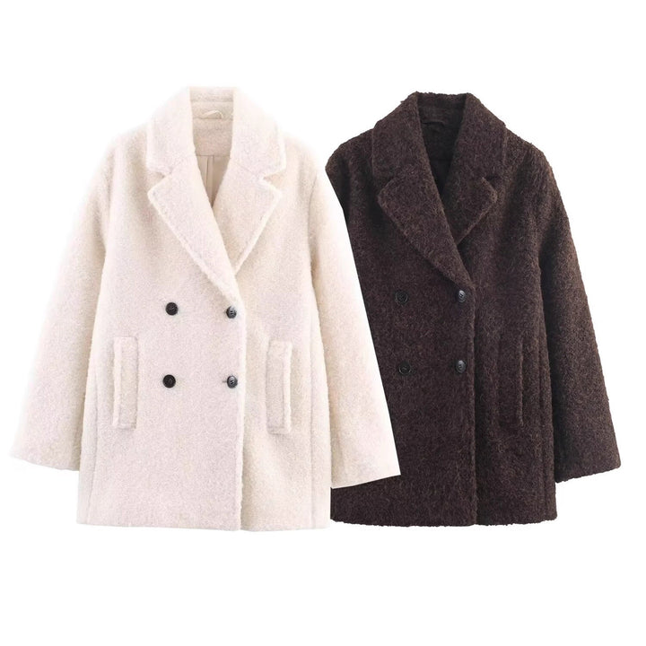 Damen Doppelreihiger Teddy-Mantel mit Schalkragen und aufgesetzten Taschen Drune