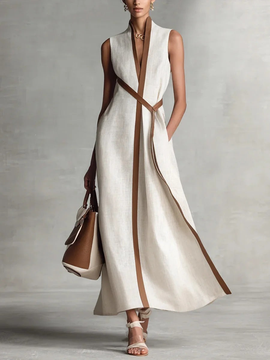 Damen elegantes Maxikleid mit Taillenschnitt und schmalem Gürtel Drune
