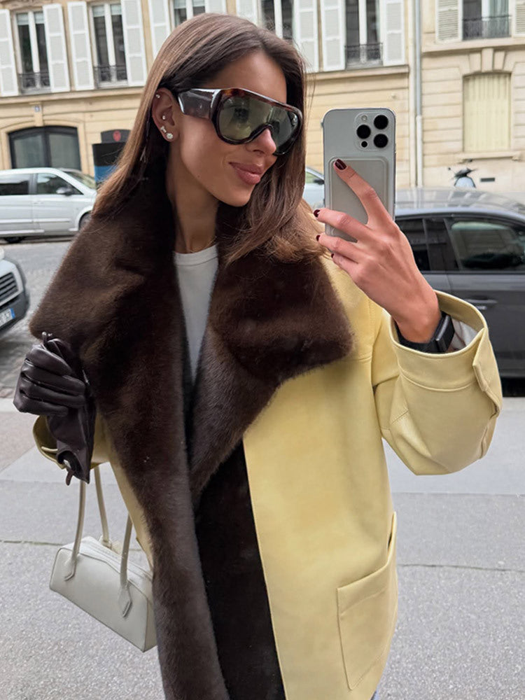 Damen Eleganter Oversize-Mantel aus Veloursleder‑Optik mit voluminösem Faux‑Fur‑Schalkragen Drune