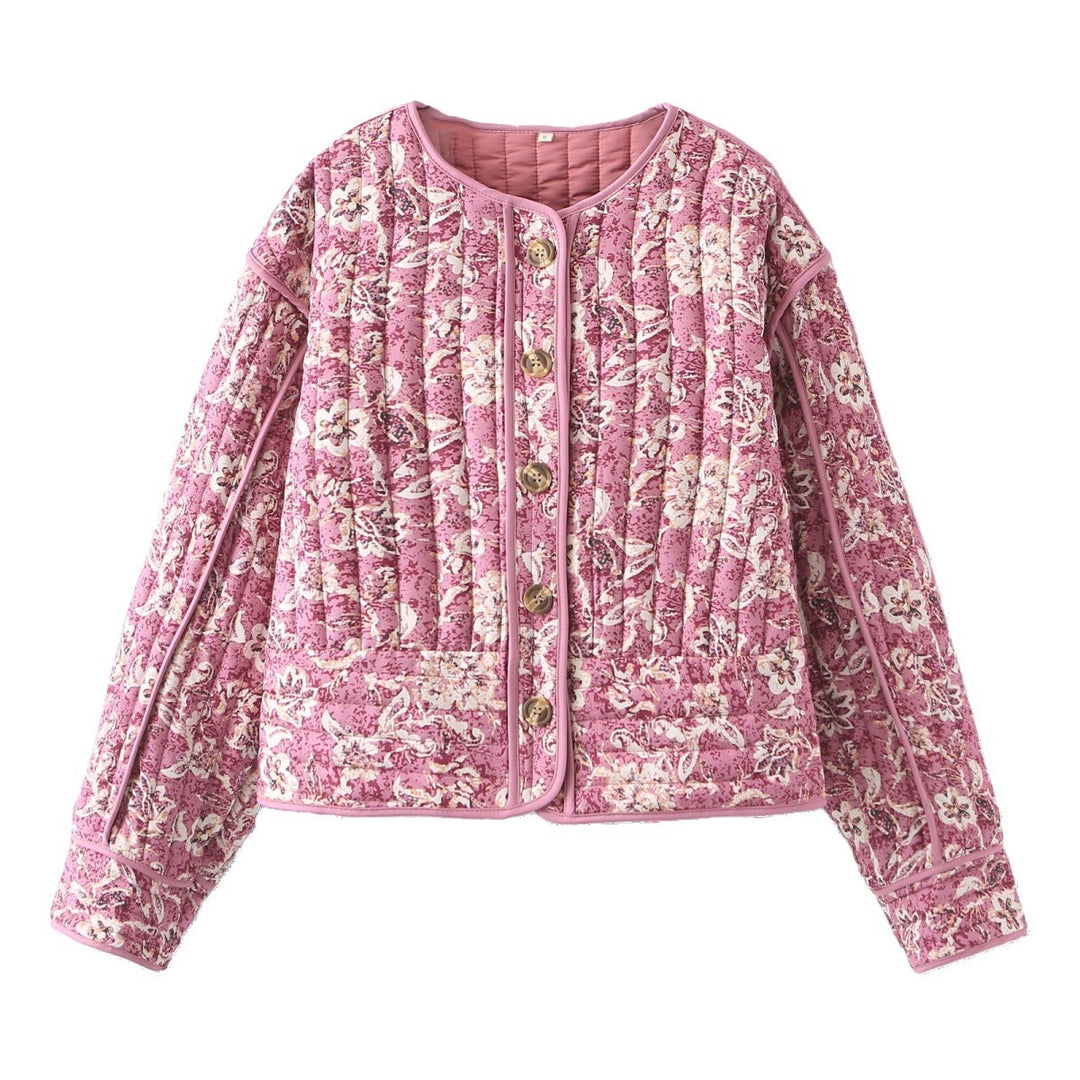Damen 400+ gesteppte Blousonjacke mit floralem Allovermuster und Zierpaspeln Drune