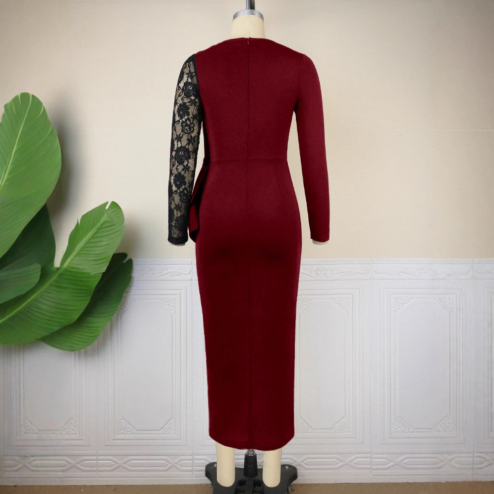 Damen elegantes Etuikleid mit aufwendigem Spitzenärmel und drapiertem Saum Drune
