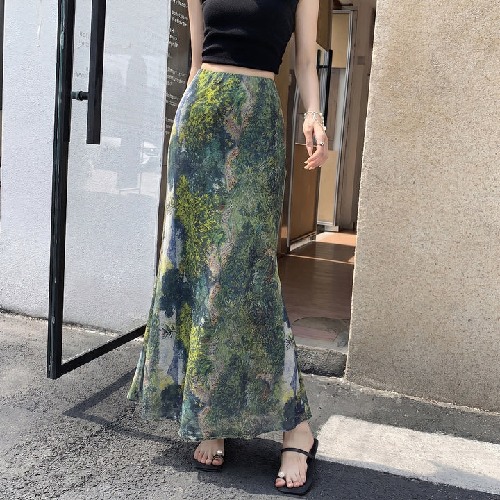 Damen nan A-Linien Maxirock mit semi-transparenter Chiffonlage und abstraktem Batik-Print Drune
