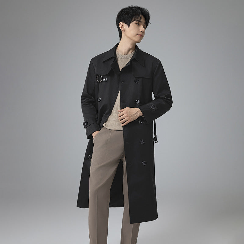 Herren Moderner Tech-Trenchcoat mit Doppelreihiger Knopfleiste, Bindegürtel und dezenten Ringdetails Drune