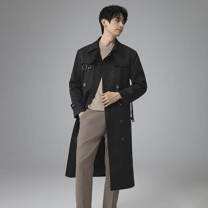 Herren Moderner Tech-Trenchcoat mit Doppelreihiger Knopfleiste, Bindegürtel und dezenten Ringdetails Drune