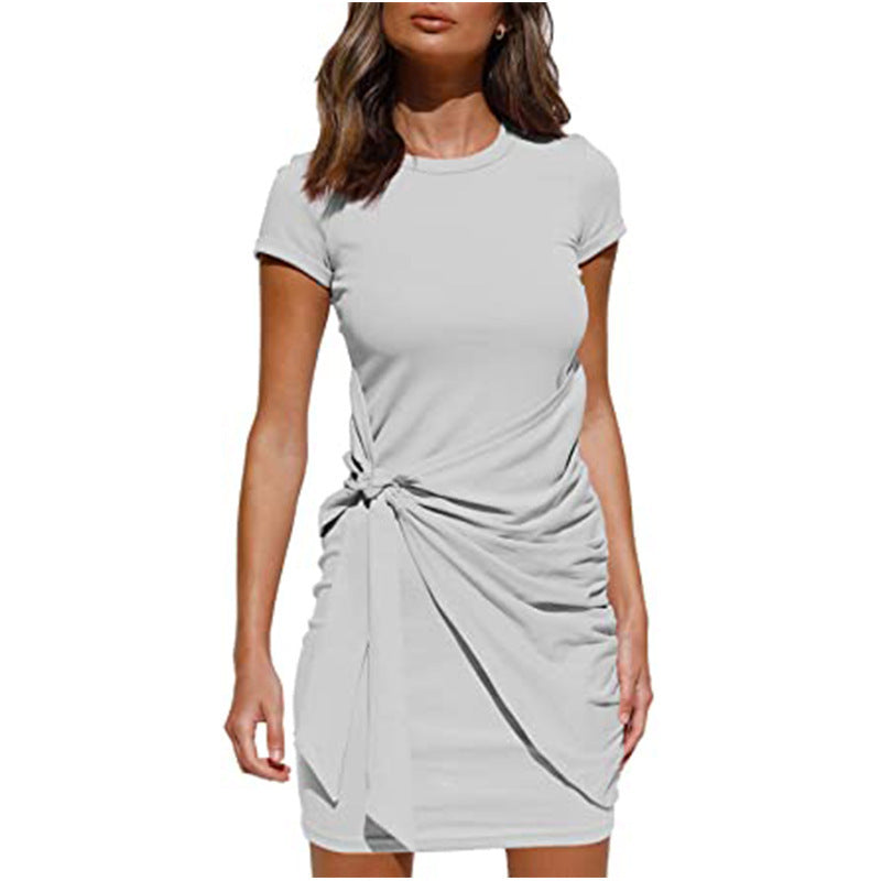 Damen Kurzarm Wickelkleid mit Raffung und Knoten Detail Drune