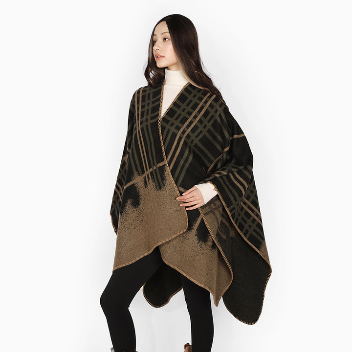 Damen Oversize-Capeponcho aus Wollmix mit Stern- und Karojacquard und weichfallendem Fall Drune