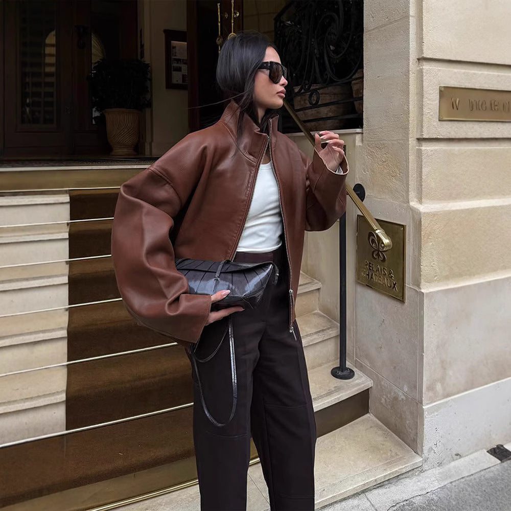 Damen Oversized Lederblouson mit soften Teddy-Innenfutter und Verdeckt-Reißverschluss Drune