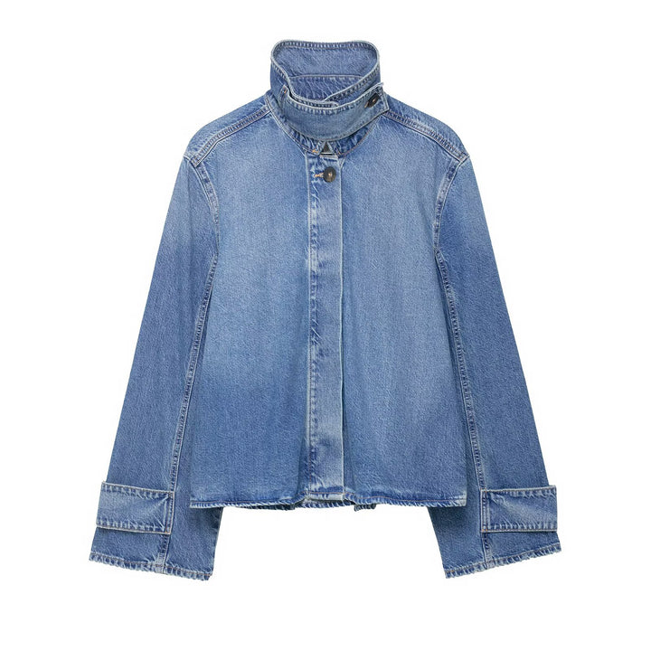 Damen Cropped Boxy-Jeansjacke mit hohem Funnelkragen und extraweiten Manschetten Drune