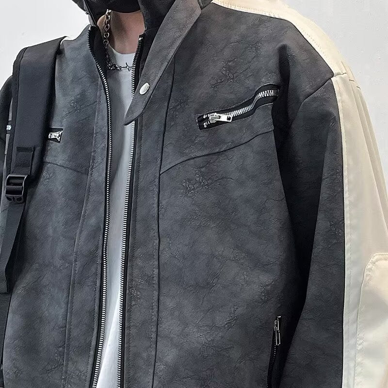 Herren Kontrastärmeliges Oversized Kunstleder-Utility-Jacke mit Stehkragen Drune