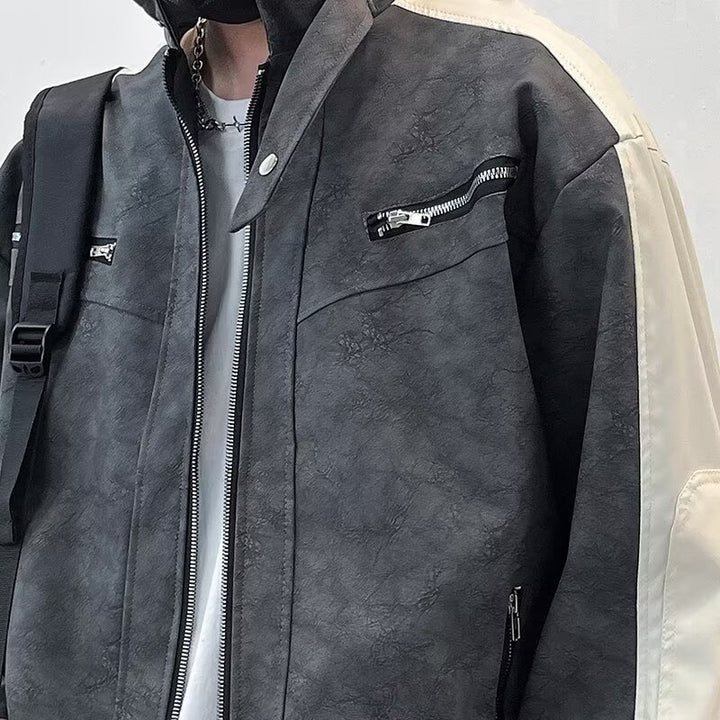 Herren Kontrastärmeliges Oversized Kunstleder-Utility-Jacke mit Stehkragen Drune