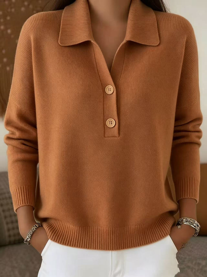 Damen lässiger Feinstrickpullover mit Polokragen und Zwei-Knopf-Leiste Drune