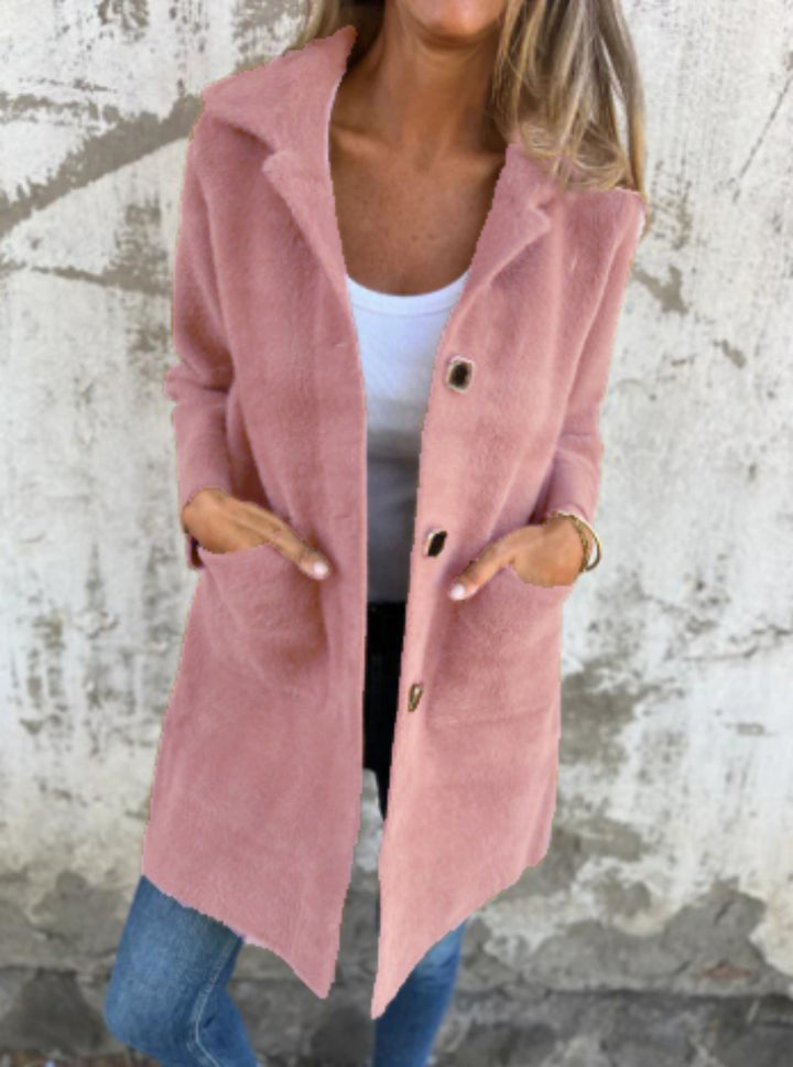 Damen Teddy-Mantel mit Oversize-Kragen, dekorativen Knöpfen und Eingrifftaschen Drune