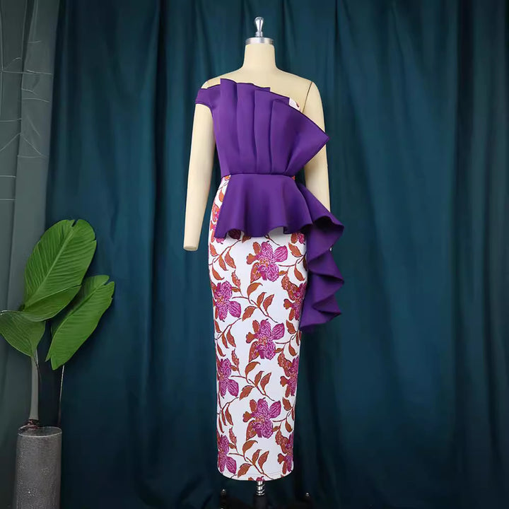 Damen elegantes Kleid mit asymmetrischem Rüschendesign und floralen Mustern Drune
