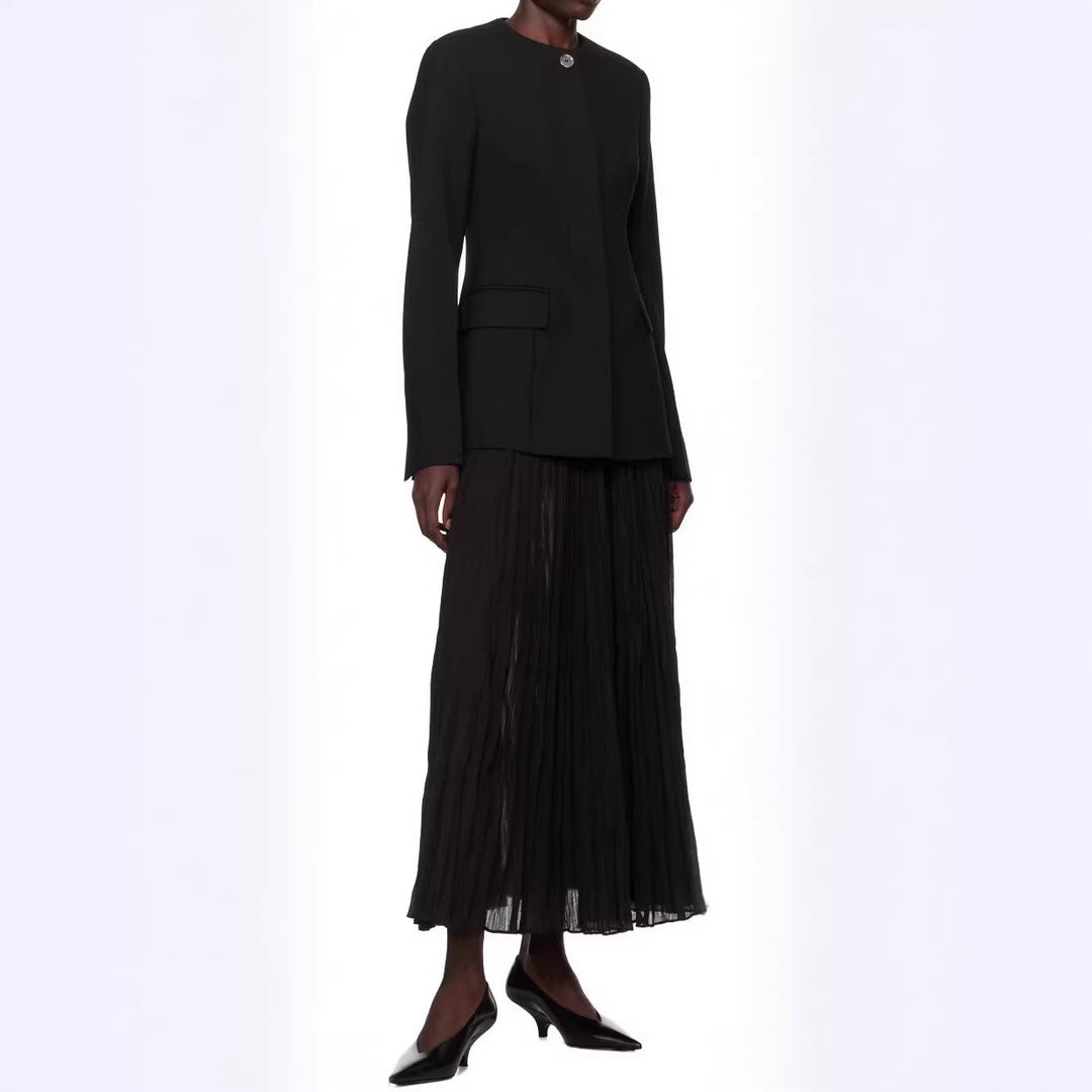 Damen taillierter Einreiher-Blazer mit Rundhalsausschnitt, verdeckter Knopfleiste und Pattentaschen Drune