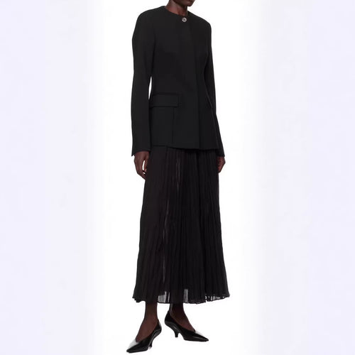 Damen taillierter Einreiher-Blazer mit Rundhalsausschnitt, verdeckter Knopfleiste und Pattentaschen Drune