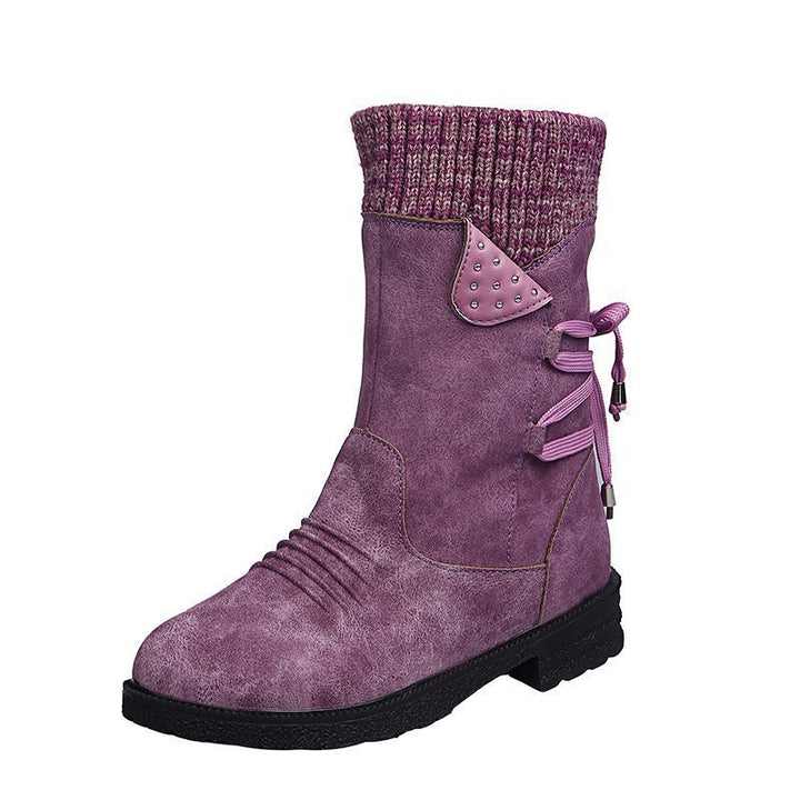 Damen Mid-Cut Stiefel mit Strickmanschette, Zierkordel und Veloursoptik Drune