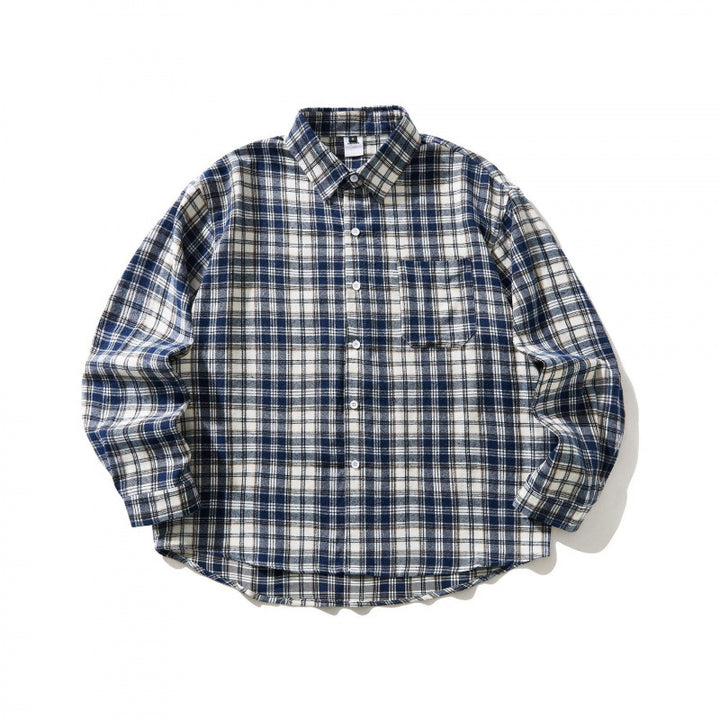 Unisex Oversized karierte Flanell-Hemdjacke mit Brusttasche und abgerundetem Saum Drune