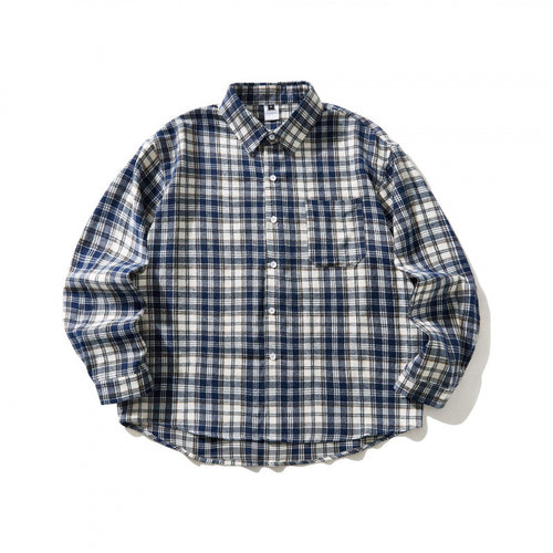 Unisex Oversized karierte Flanell-Hemdjacke mit Brusttasche und abgerundetem Saum Drune