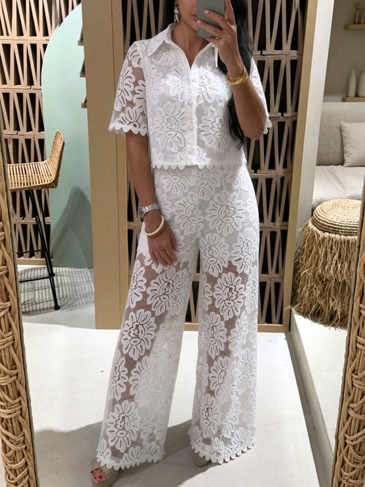 Damen nan elegante Spitzenkombination mit kurzärmeliger Hemdbluse, Muschelsaum und taillierter Palazzohose mit Bindegürtel Drune