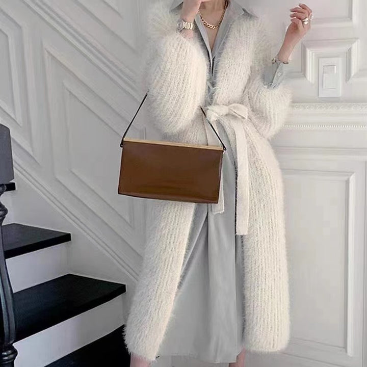 Damen Stylischer Cardigan aus feinem Mohair-Mix mit Bindegürtel Drune