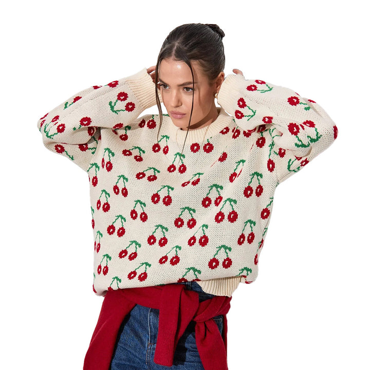 Damen Gemusterter Strickpullover mit fruchtigem Design und lässiger Passform Drune