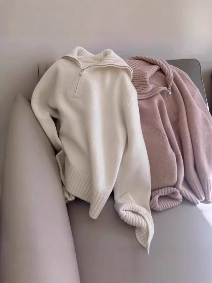 Damen Oversize Feinstrickpullover mit halbem Reißverschluss und weitem Rollkragen Drune