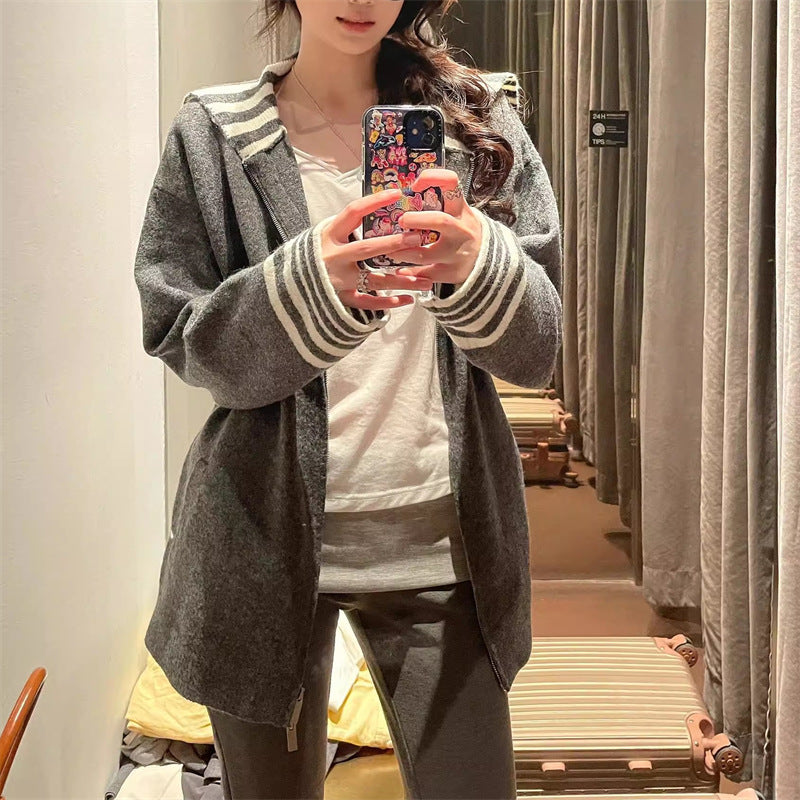 Damen modischer Casual Cardigan mit gestreiften Ärmelabschlüssen Drune