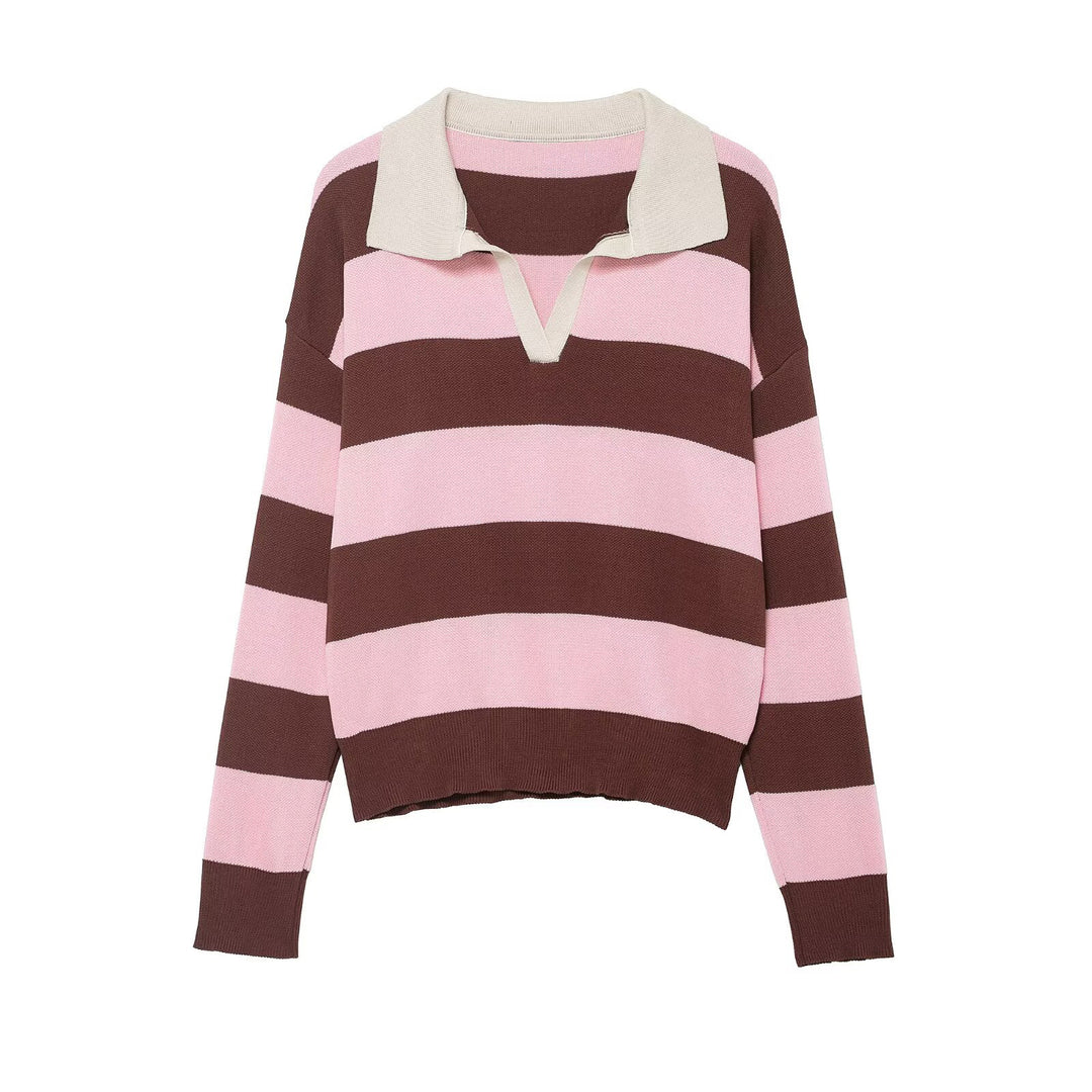 Damen Gestreifter Rugby-Polo-Pullover mit V-Notch und Cropped-Saum Drune