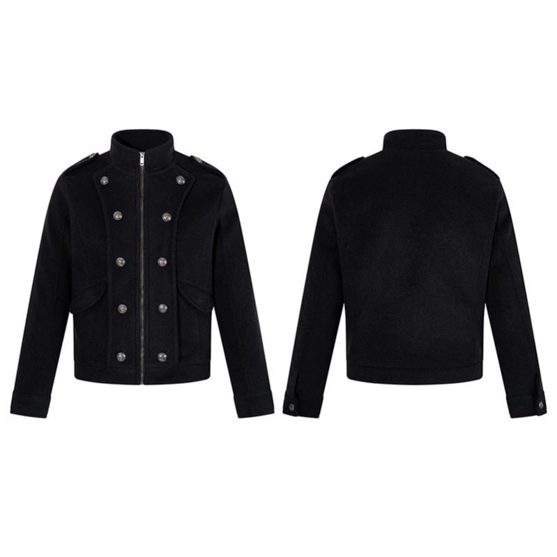 Herren kurze militärisch inspirierte Wolljacke mit Stehkragen & doppelreihigen Zierknöpfen Drune