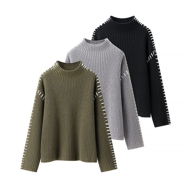 Damen nan grober Strickpullover mit Stehkragen, oversized Schnitt und dekorativer Seitenstich-Ärmelnaht Drune
