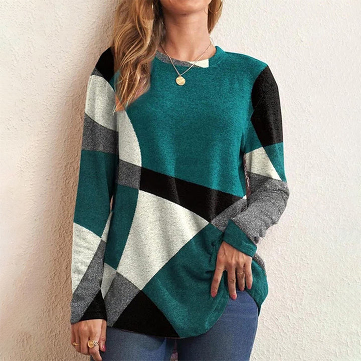 Damen nan Langarmshirt mit grafischem Print, Rundhalsausschnitt und geschwungenem Saum Drune