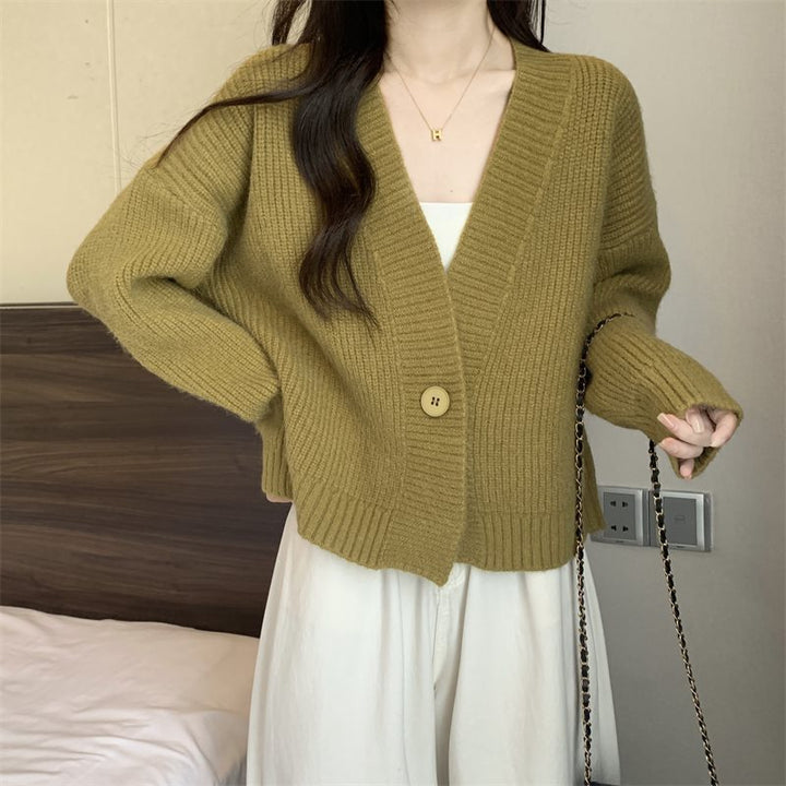 Damen trendige Strickjacke mit tiefem V-Ausschnitt und Knopfverschluss Drune